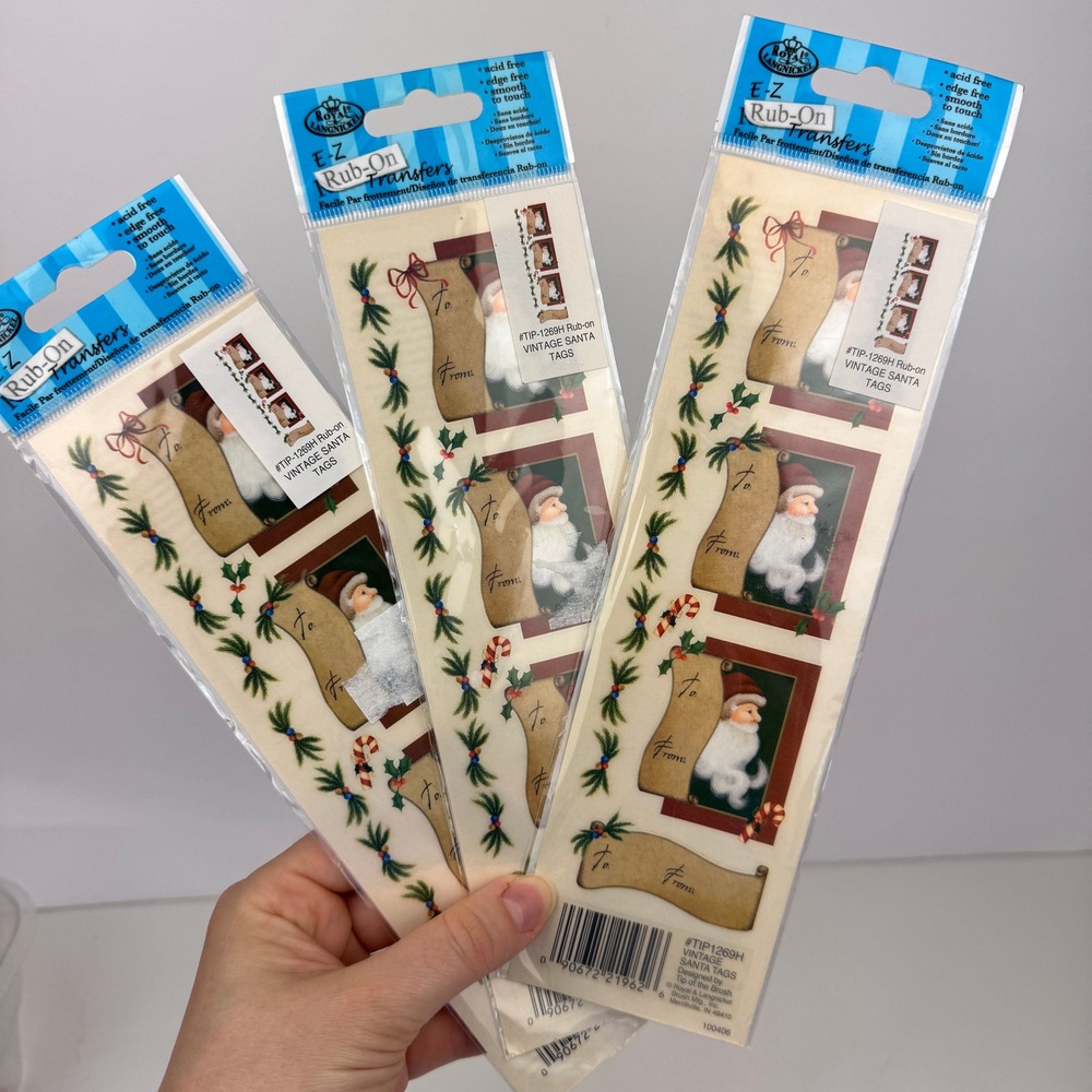 Christmas Holiday Santa Vintage Theme Holly Gift Tags EZ Rub on Transfers 3 Pack
